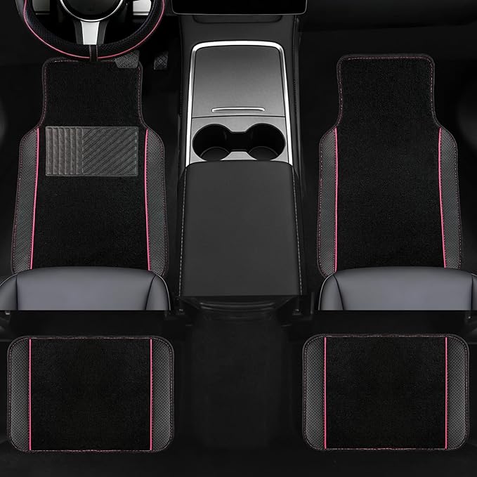 NBTEPEM Microfiber Steering Wheel Cover and Waterproof Car Floor Mats, Universal Fit Most Truck, SUV, Cars, 14.5-15inch Sporty Steering Wheel Covers with Anti-Slip Lining (Black with Pink line)