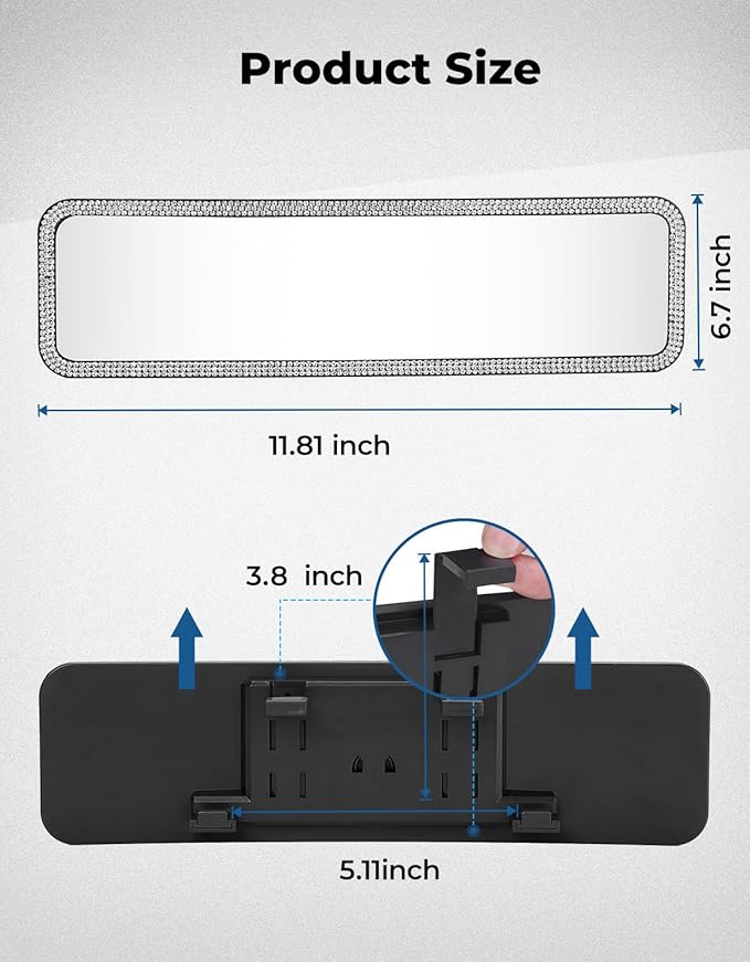 JOYTUTUS Rear View Mirror, Universal 11.81 Inch Panoramic Rearview Accessories with Bling Rhinestones Crystal Diamonds Edge, Interior Clip-on Wide Angle Rear View Mirror -White
