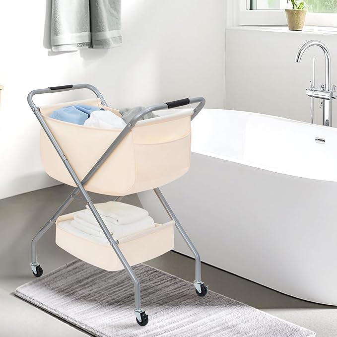 STORAGE MANIAC Collapsible Laundry Cart with Wheels 31.5"H Rolling Laundry Hamper Clothes Basket with Wheels, Canvas Liner St