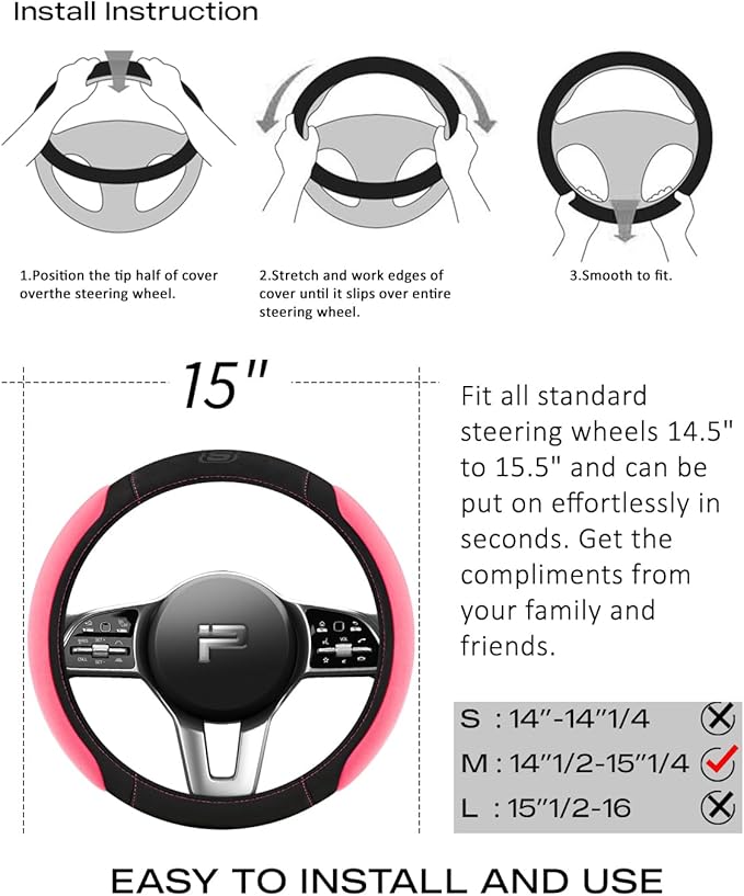 Skechers Pink Steering Wheel Cover, Memory Foam Car Steering Wheel Cover,14.5-15inch Anti-Slip Safety Comfortable Desgin, Uni