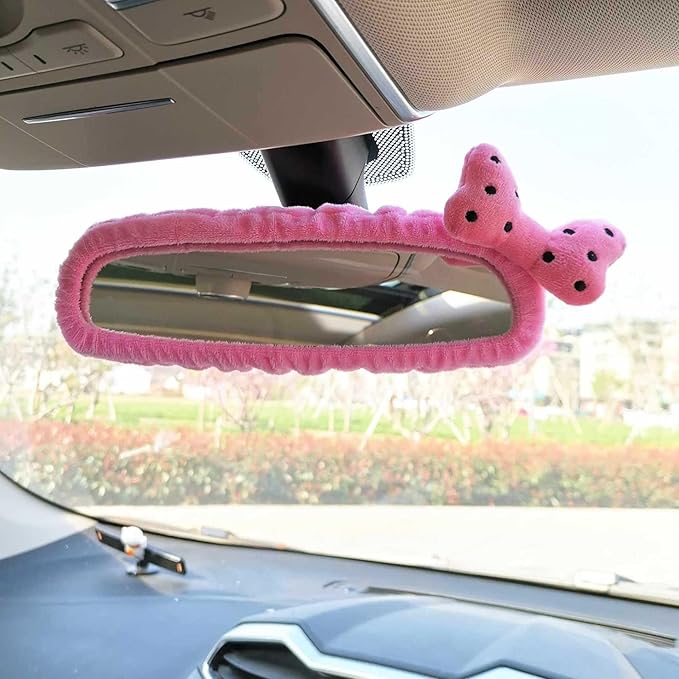 Adorable Teddy Bear Car Mirror Cover Set,Cute Sheep Mirror Accessories, Cartoon Design for Rearview Mirrors, Cozy Interior Auto Accessory (Pink Bow)