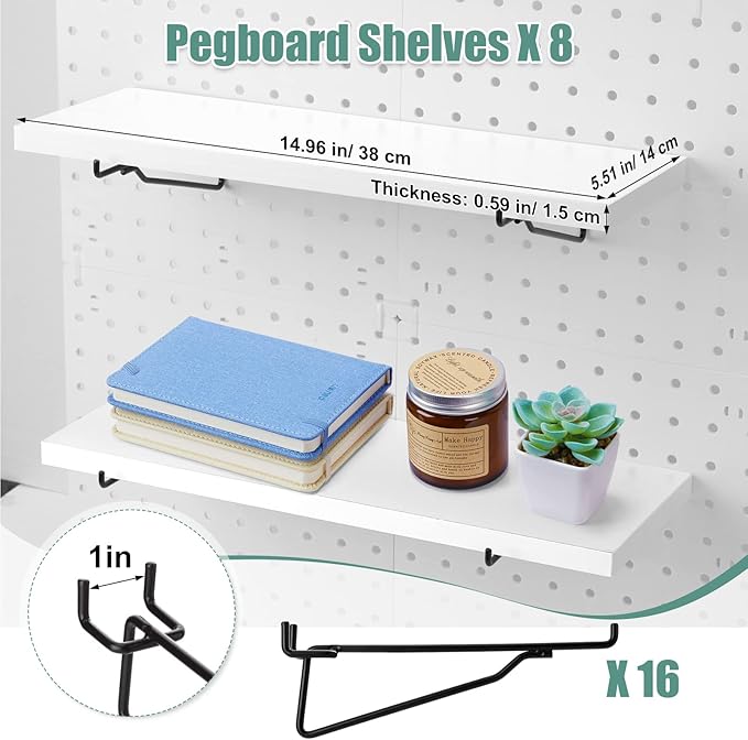 Qunclay 8 Pack Pegboard Shelf Set Wooden Shelves with Metal Brackets Hook Wall Pegboard Shelving Heavy Duty Accessories for C
