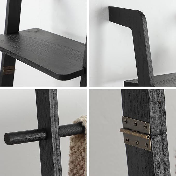 Black Blanket Ladder with Top Shelf for the Living Room - 67in Decorative Wooden Blanket Holder, 5 Tier with Side Hooks for H