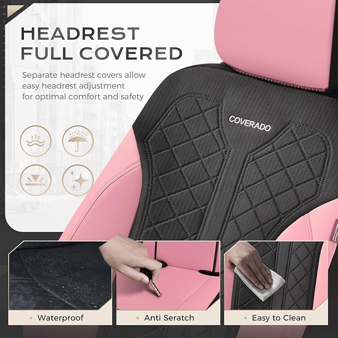 Coverado Car Seat Covers 2-Pack, Luxury Front Seat Covers, Automotive Car Seat Protectors, Pink Driver Seat Covers Universal 