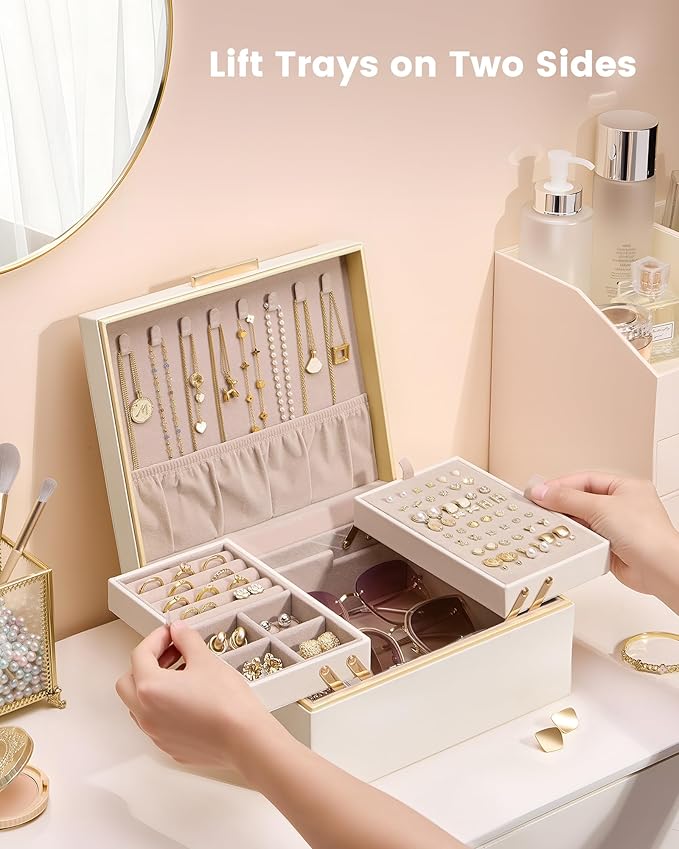 Lolalet Jewelry Box Organizer for Women Girls, 2 Layer Jewelry Organizers and Storage for Necklace Earrings Rings Bracelets, 