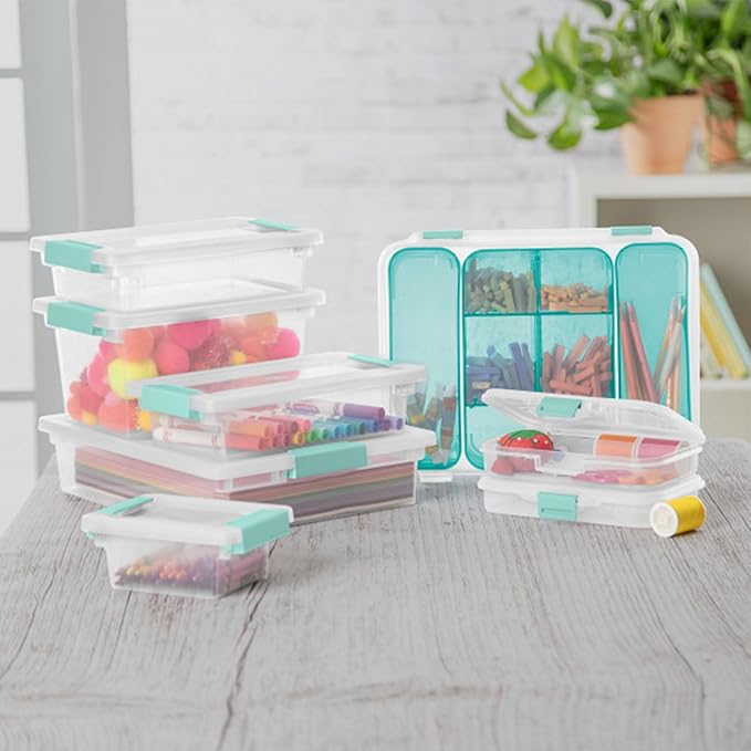 Sterilite 6-Pack Clip Box, Stackable Clear Plastic Bins with Latching Lids, Small - Writing, Arts or Crafts Supplies Storage 