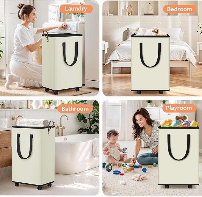 SpaceTrove Laundry Basket with Wheels, Collapsible Laundry Baskets, Laundry Hamper with Handles Detachable Wheels, Rolling La