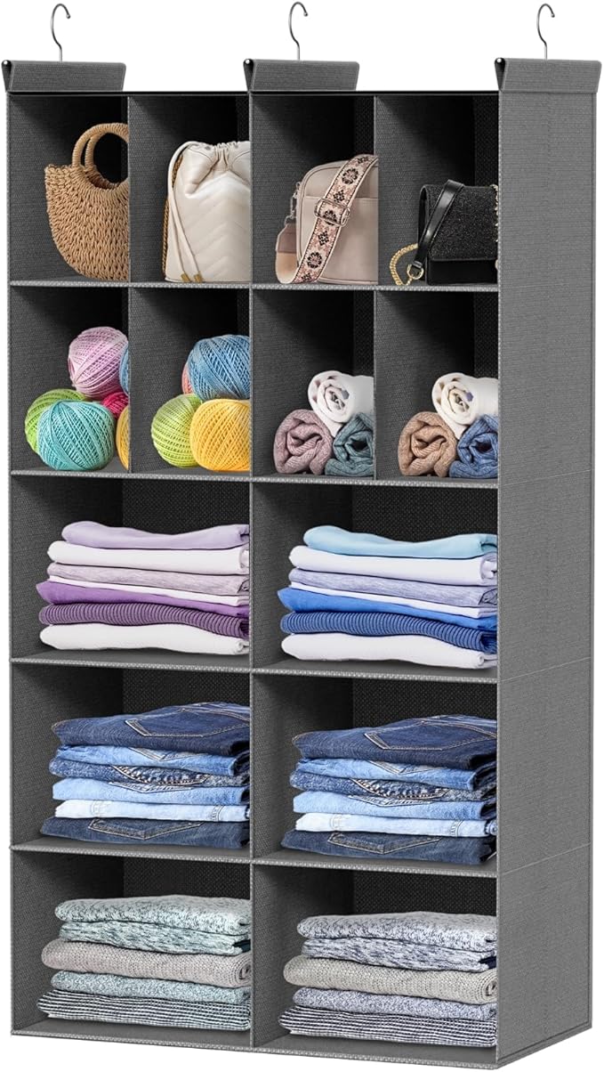 Ofiray-home 5 Tier Hanging Closet Organizer, 14 Compartments Sweater Organizer for Closet with 3 Sturdy Hooks, Closet Organiz