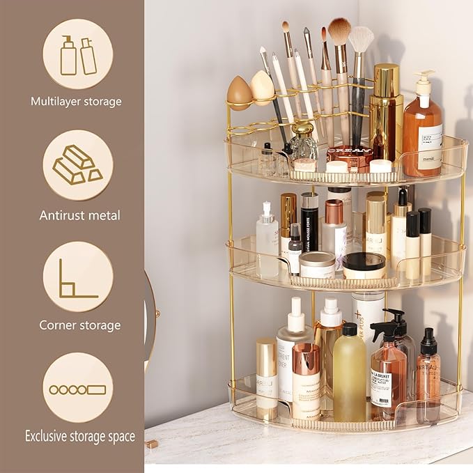 FELIZHOUSE 3-Tier Corner Bathroom Counter Organizer, Bathroom Countertop Shelf Makeup & Skincare Storage with Brush Holder fo