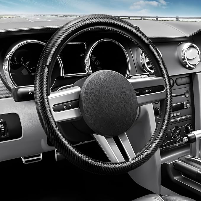 Carbon Fiber Steering Wheel Cover for Ford Mustang 2005-2023, 3 Piece Clip on Set,Carbon Fiber Wrap Anti-Slip Segmented Design,Car Steering Wheel Cover for Men Women（Matte Black