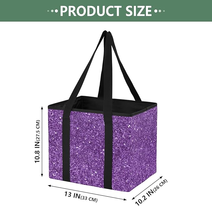 Purple Glitter Texture Reusable Grocery Bags Large Shopping Tote Bag with Reinforced Bottom Board, Water Resistant Foldable S