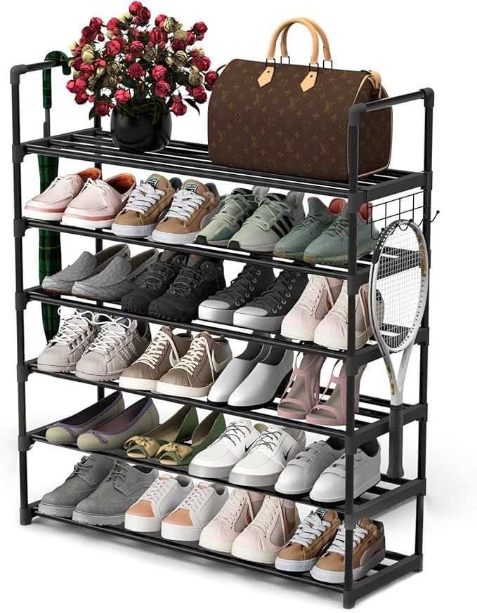 Hsscblet 6 Tiers Metal Shoe Rack,Adjustable Shoe Shelf Storage Organizer with Hooks,Stackable Boot & Shoe Storage,for Entrywa