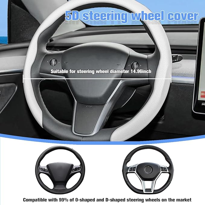 Car Nappa Leather Steering Wheel Cover, 15" Fashionable 5D Anti-Slip Vehicle Steering Wheel Protector, Breathable Auto Interi