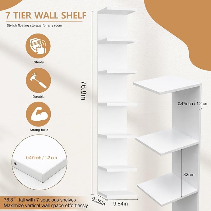 Pinkunn 7 Tier Wall Shelf Unit 76.8 Inch White Versatile Floating Lack Shelf for Storage and Display Wall Mounted Bookshelf f