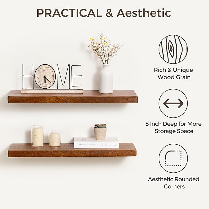 Fun Memories 36 Inch Floating Shelves, Rustic Solid Wood Wall Shelves Set of 2, 8 Inch Deep Floating Shelf for Bathroom, Bedr