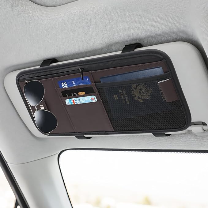 Car Visor Organizer,Premium Leather with a Hidden Zip Pocket, Sunglasses Organizer,3 Card Slots and a Stretch Mesh Pocket,Easy Installation,Compatible with Car Accessories for Vehicle, SUV, Truck