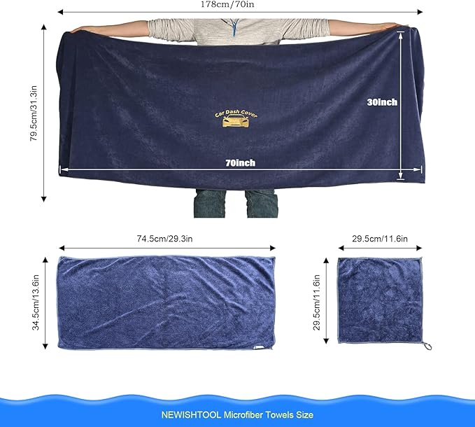 NEWISHTOOL 3 Pack Microfiber Car Drying Towels, Ultra Absorbent, Lint & Scratch Free, Large Size Dash Cover Protection, Thick & Soft 3 Sizes