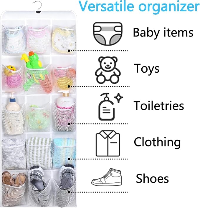 MISSLO 30 Large Pockets Dual Sided Hanging Baby Shoe Organizer for Closet with Rotating Hanger Hanging Shoe Shelves, White