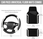 CAR PASS Leather Steering Wheel Cover and Waterproof Car Floor Mats, Microfiber Universal Car Combo Fit for 95% Sedan SUV Van
