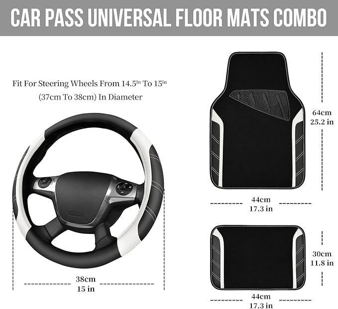 CAR PASS Leather Steering Wheel Cover and Waterproof Car Floor Mats, Microfiber Universal Car Combo Fit for 95% Sedan SUV Van
