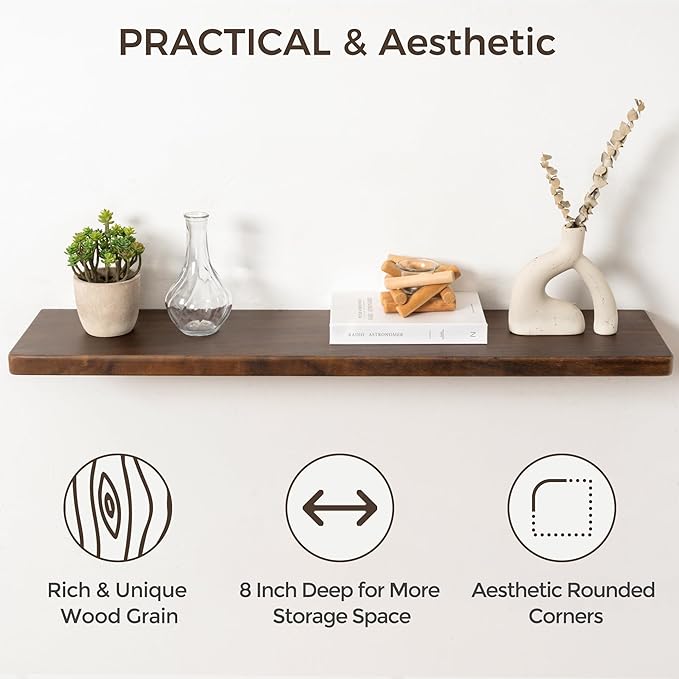 24" Rustic Walnut Wood Floating Shelves, 8 Inch Deep Wall Shelves for Home Decor, Wall Mounted Floating Shelf with Invisible 