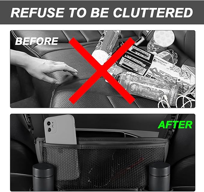 Car Handbag Holder Between Seats, Large Capacity Leather Organizer Auto Purse Holder with Tissue Box, Double-Sided Central Storage Bag Front Seat Barrier for Most Vehicles (Black)