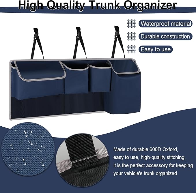 UYYE Trunk Hanging Organizer, Backseat Storage Bag, Collapsible Car Interior Accessories with 4 Pockets & 2 Mesh Pouches for
