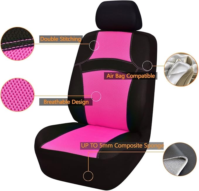 CAR PASS Rainbow Cool Universal Fit Two Front 3D Air Mesh Car Seat Cover with Steering Wheel & Blet Cover-Airbag Compatible (Front Seats only, Black- Pink)