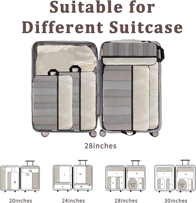 U+U 6 Set Compression Packing Cubes - Ultralight Cream Travel Organizers with Laundry Bag, Space-Saving Suitcase Organizer, E