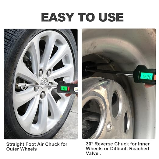 ATsafepro Chrome Plated Steel Dual Head Tire Inflator - 150 PSI, Backlight LCD & Flashlight, Rechargeable for Semi, Truck, RV & Cars