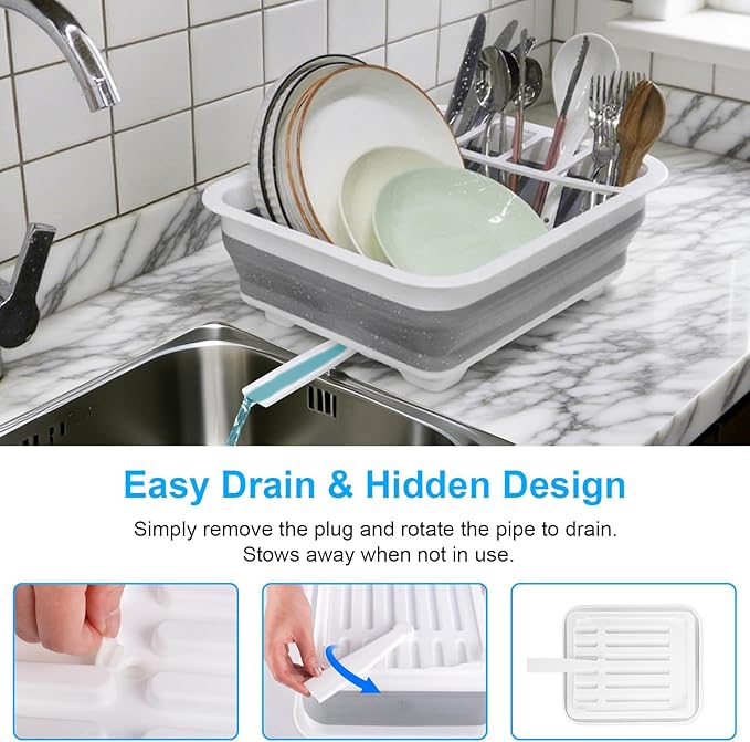 Collapsible Dish Drying Rack with Drain Plug Tube, Portable Dish Drainers for Kitchen Counter, Folding Dish Rack Over Sink Dr