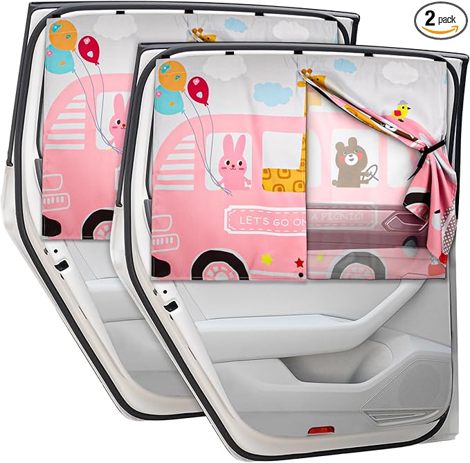 Car Window Shades, 2pcs Magnetic Car Curtains for Side Windows Privacy Full Covers/Half Shade Options, Cute Cartoon Auto Sunshades for Baby Protection Pink