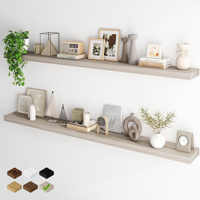 Fun Memories 72 Inch Floating Shelves, Wall Mounted Rustic Wood Floating Shelf with Invisible Brackets for Storage & Decor, 2