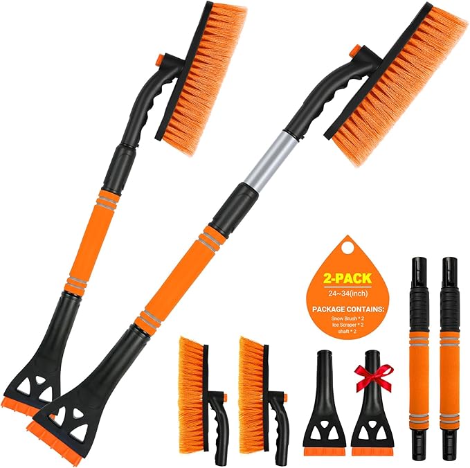 BFONS 2 Pcs Ice Scrapers for Car Windshield, 2-in-1 Snow Scraper and Snow Brush for Car SUV Truck, Car Ice Windshield Scraper for Ice and Snow with 360° Pivoting Brush and Ergonomic Foam Grip Orange