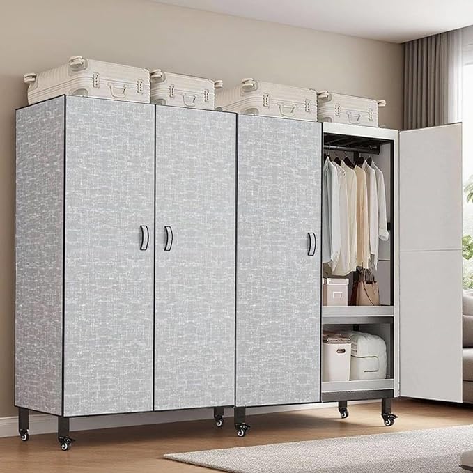 Foldable Portable Wardrobe On Wheels, Freestanding Garment Rack, with Magnetic Door 2000lbs, Heavy Duty Clothes Rack, for Bed