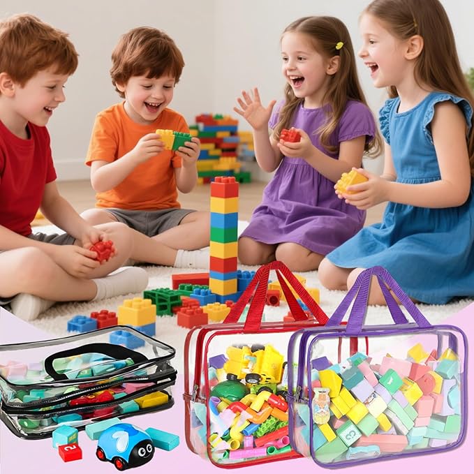 6 Packs Toy Storage Bags with Labels, 11.8x8.7x3.9In Large PVC Reusable Clear Board Game Storage with Zipper, Travel Waterpro