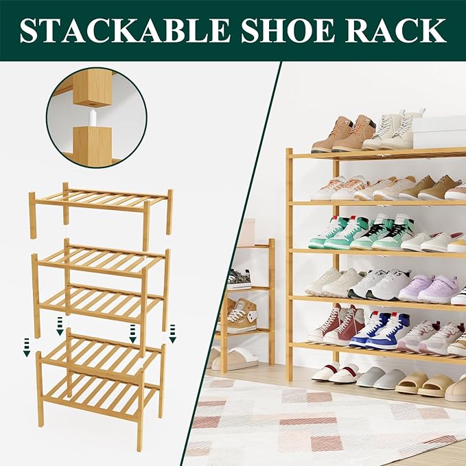 Smiry Shoe Rack, 5 Tier Long Bamboo Shoe Organizer, Stackable Free Standing Wooden Shoe Storage Shelf for Closet, Entryway, F