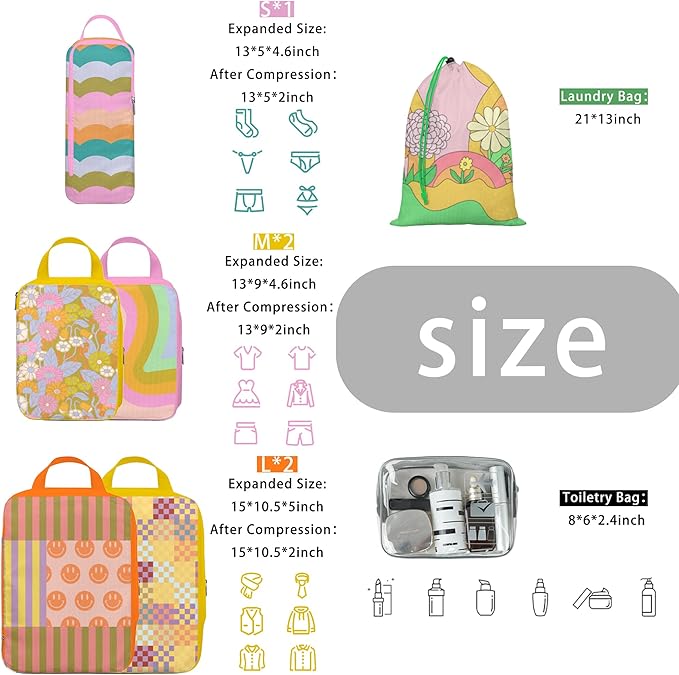 8 Pcs Compression Packing Cubes for Travel, Lightweight Waterproof Luggage Organizer Bags Set, Washable Packaging Cubes for W