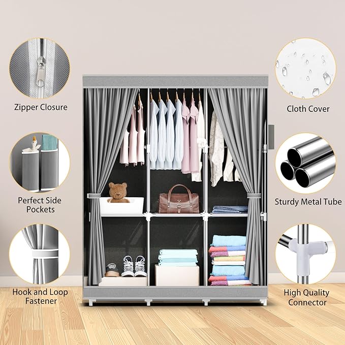 ALSO GO Portable Closet, Storage Organizer Wardrobe with Non-Woven Fabric Cover, with 3 Hanging Rods, 6 Storage Shelves and S