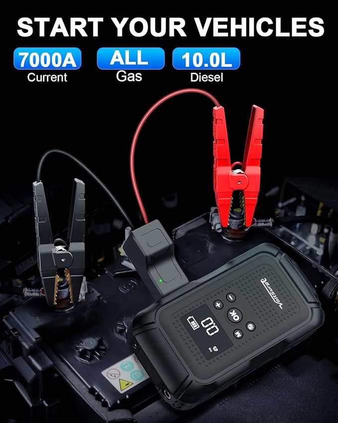 7000A Jump Starter with Air Compressor (All Gas/10.0L Diesel), 12V Jumper Starter Pack with 150PSI Auto Tire Inflator, Car