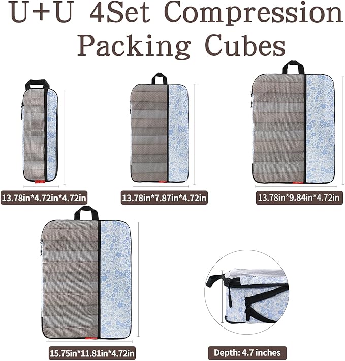 U+U 4 Set Compression Packing Cubes - Ultralight Travel Organizers, Space-Saving Suitcase Organizer, Expandable Packing Cubes