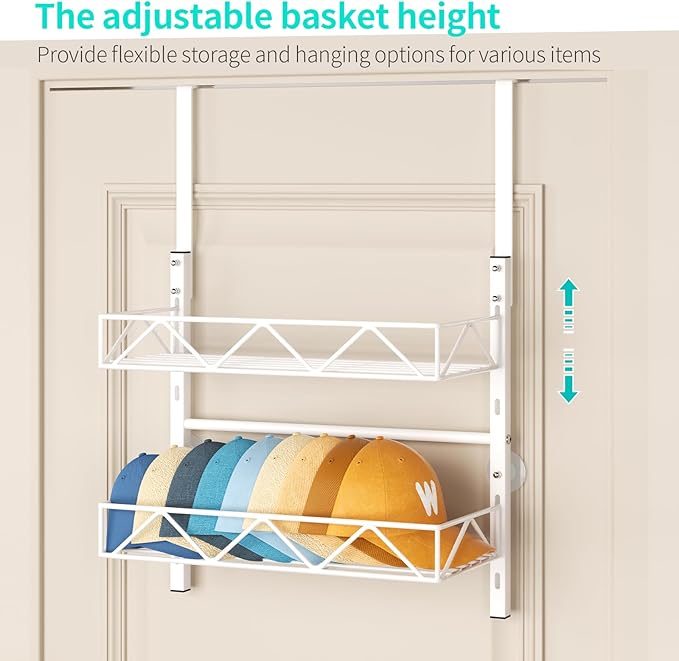 HapiRm Over the Door Hat Organizer - 2 Tier Wall Mounted Hat Rack with 2 Adjustable Metal Basket, Baseball Caps Organizer Sto