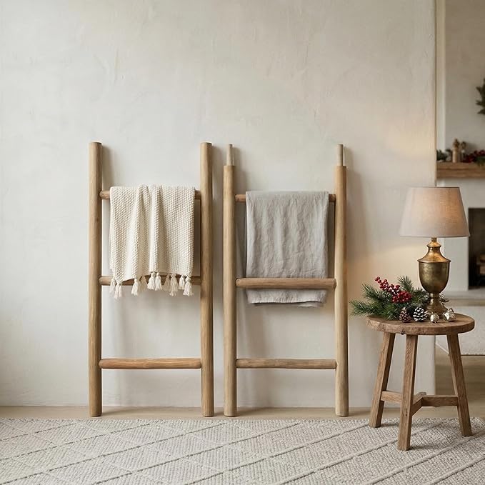 Wooden Blanket Ladder - 76in Natural Wood Color- Leaning Wall Decor for Bedroom, Bathroom, Living Room - Rustic Quilt Holder 