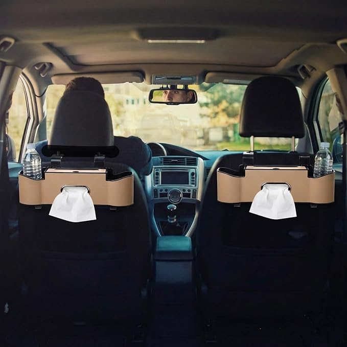 LemonRoad 2 Pack Multifunctional Car Seat Back Storage Box Car Seat Back Organizer with Tissue Box, 2 Cup Holders and Hooks for Hold Phone, Drinks, Handbag, Fits for Most Vehicles (Beige)