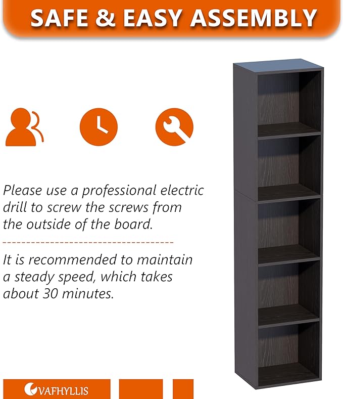 Book Shelf, 5-Tier Bookcase, Wooden Open Cube Storage Organize, 9.3 x 11.8 x 52 inches Bookshelf for Living Room, Bedroom, Ho