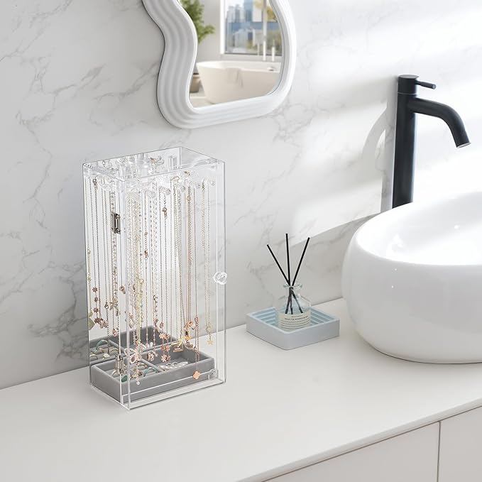 Lolalet Necklace Holder Organizer, Acrylic Jewelry Organizer with 24 Hooks, Rotating Clear Necklaces Display Box with Built-i