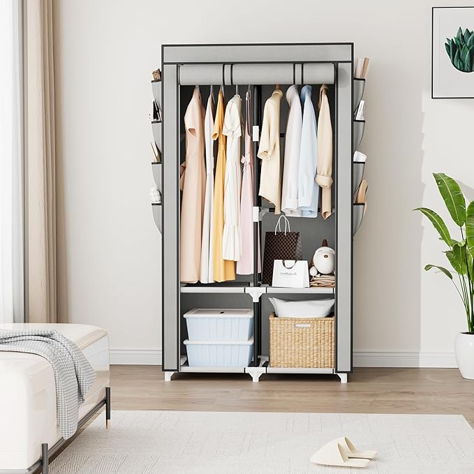 Portable Closet for Hanging Clothes, Portable Wardrobe Closet with Cover, 4 Storage Shelves, 2 Hanging Rods and 8 Side Pocket