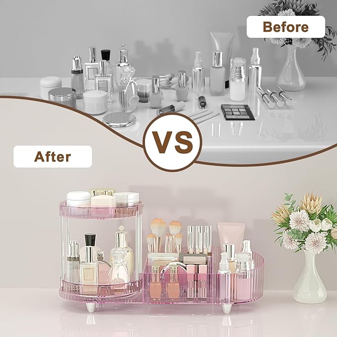 360 Rotating Vanity Makeup Organizer, 2 Small Trays & 5 Compartments for Cosmetics, Skincare, Perfume, Lipstick & Make up Bru