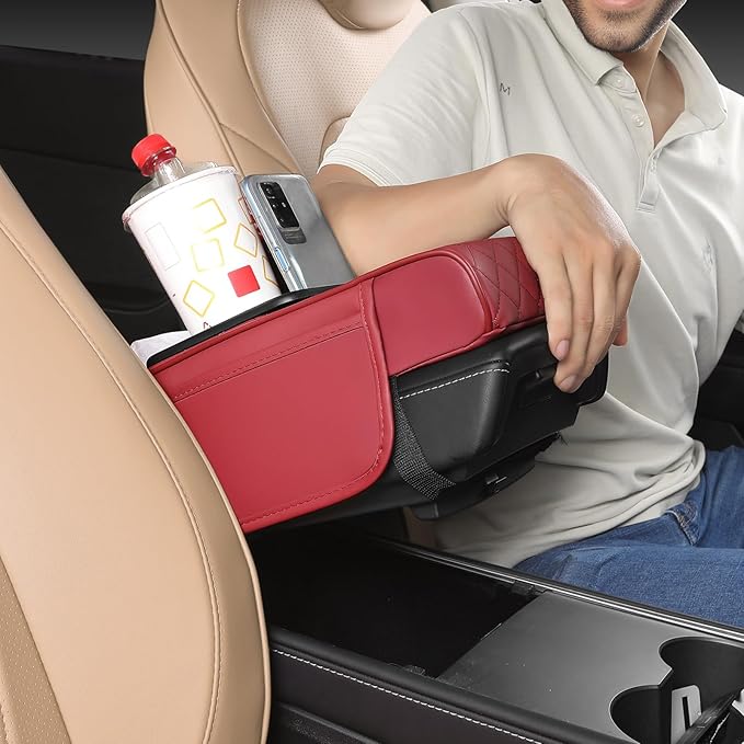 FREESOO Car Center Console Cover, Leather Armrest Cover for Car, Universal Middle Console Cushion With Storage Box, Cup Holder, Tissue Box, Phone Slot, Luxury Waterproof Interior Accessories, Wine Red