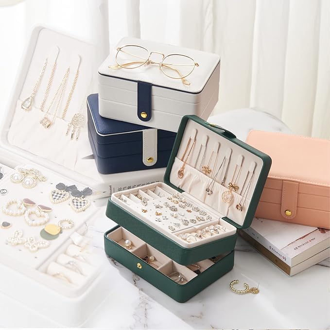 KOOAAICCHI Small Jewelry Box, Travel Jewelry Organizer, Portable Jewelry boxes for Women Girls Gift, Double Layers PU Leather